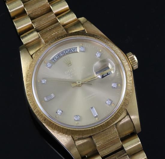 A gentlemans late 20th century 18ct gold and diamond set Rolex Oyster Perpetual Day-Date wrist watch,